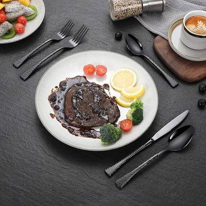 Lemeya Hammered Black Silverware Set,30 Piece Modern Flatware Set Service for 6,Mirror Polished Stainless Steel Cutlery Set Utensil Set Tableware Set,Kitchen Knives Forks Spoons Set,Dishwasher Safe