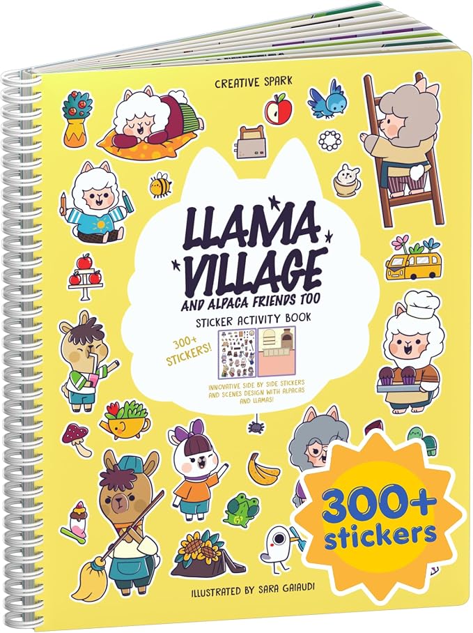 Llama Village 300+ Kids Sticker Book by Cupkin Toddler Airplane Travel Activity Coloring and Sticker Book, Road Trip Essentials, 12 Coloring Pages 12 Scenes for Ages 2–8 Years
