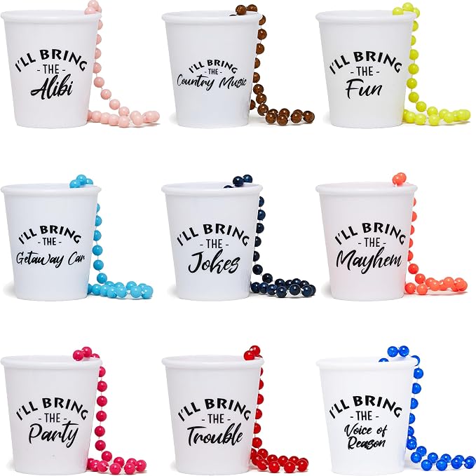 Funky Junque Bundle of Trouble Bachelorette Shot Glass Necklaces Reusable 2 Oz Party Favors with Fun Phrases - 9 Pack - Mayhem Bundle