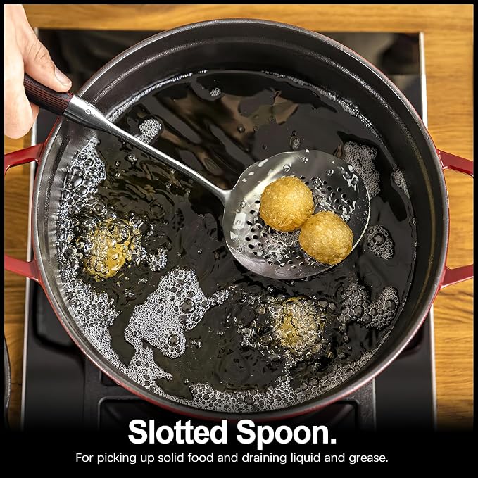 IQCWOOD Stainless Steel Cooking Utensils Set with Wooden Handle, 5-Piece Heat Resistant Kitchen Utensil Tool for Cookware Set -Spatula, Turner, Spaghetti Server, Skimmer Spoon, Soup Ladle