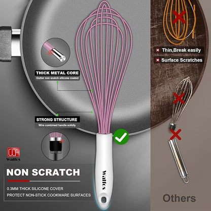 Walfos Whisk, Silicone Whisks for Cooking & Baking Non Scratch Rubber Coated Pink Whisk for Non-stick Wisk, Perfect for Frothing, Blending, Beating and Whisking (3pack Pink)