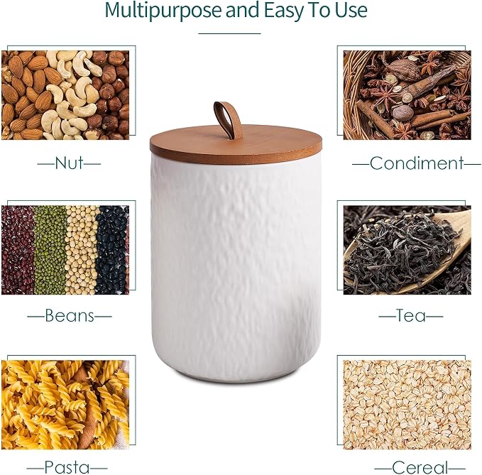 JOJUNO White Ceramic Canister Set with Wooden Lid, 3-Piece Airtight Food Storage Jars for Kitchen Counter - Flour, Sugar, Coffee, Tea, Spice - Small, Medium, Large Sizes - Stone Texture