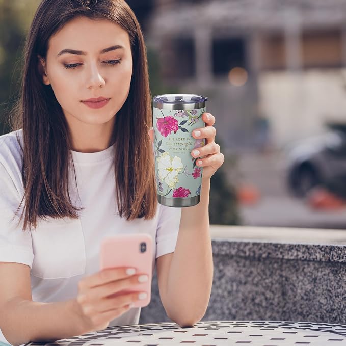 Christian Art Gifts Large Stainless Steel Scripture Travel Mug Tumbler for Women: Lord is My Strength Inspirational Bible Verse, Double Wall Vacuum Insulated w/Lid, Mint Green Multicolor Floral, 18oz.