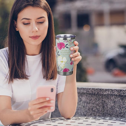 Christian Art Gifts Large Stainless Steel Scripture Travel Mug Tumbler for Women: Lord is My Strength Inspirational Bible Verse, Double Wall Vacuum Insulated w/Lid, Mint Green Multicolor Floral, 18oz.