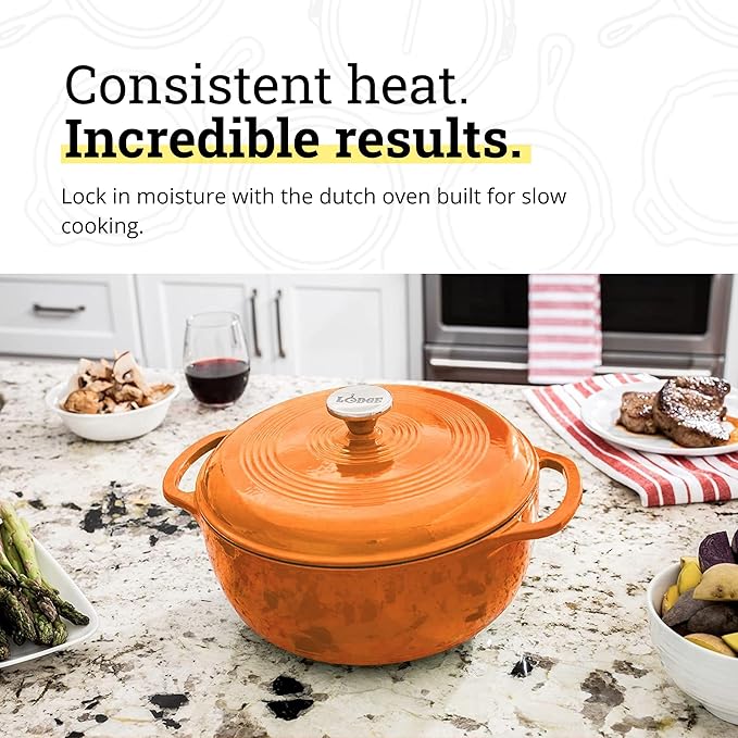 Lodge Essential Enamel Cast Iron Dutch Oven 6 Quarts - Perfect for Bread Baking, Braising, Marinating & Slow Cooking, Features Moisture-Sealing Lid & Dual Handles, Kitchen Essentials, Apricot
