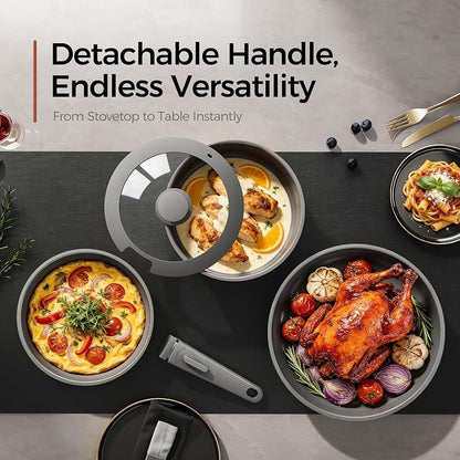 16PCS Pots and Pans Set Non Stick, Diamond-Titanium Ceramic Cookware Set & 3 Layer Stainless Steel with Detachable Handle, Induction Cookware, Non Toxic Oven/Dishwasher Safe, Gray