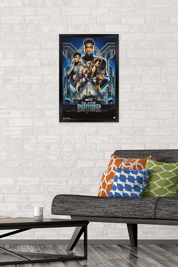Trends International Marvel Cinematic Universe - Black Panther - Group One Sheet Wall Poster, 14.725" x 22.375", Black Framed Version