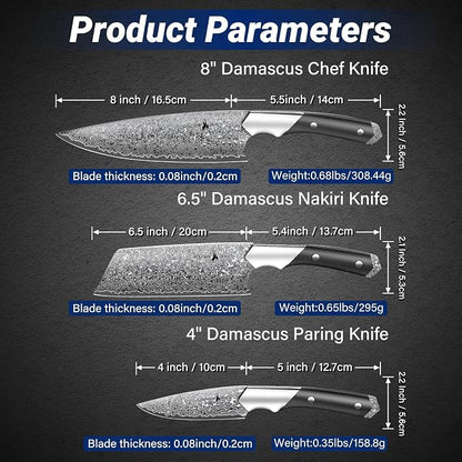 Golden Bird Damascus Kitchen Knife Set, 3 PCS Chef Knife Set Professional, Razor Sharp 67 Layers Damascus Japanese Knives Set for Kitchen with Wood Handle,Gifts for Men Women