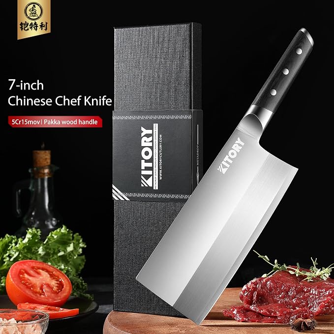 Kitory Cleaver 7", Lite Chinese Chef`s kitchen knife, for unfrozen meat and vegetable, pakkawood handle with super sharp 50Cr16MoV German Stainless steel blade, gift box