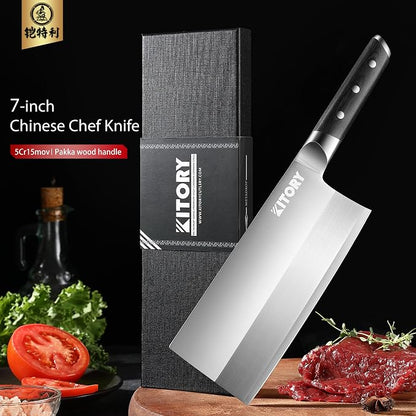 Kitory Cleaver 7", Lite Chinese Chef`s kitchen knife, for unfrozen meat and vegetable, pakkawood handle with super sharp 50Cr16MoV German Stainless steel blade, gift box