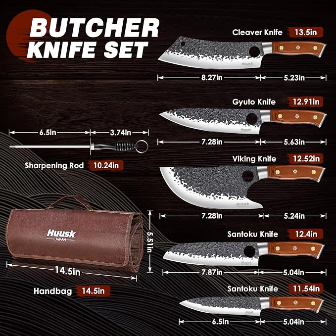 Huusk Butcher Knives for Meat, Hand Forged Carbon Steel Viking Kitchen Knife Set with Roll Bag, Meat Cleaver Chef Knife Sets for Cooking Camping BBQ, Gift for Men Husband
