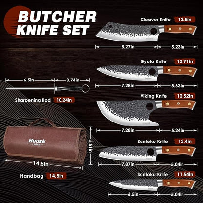 Huusk Butcher Knives for Meat, Hand Forged Carbon Steel Viking Kitchen Knife Set with Roll Bag, Meat Cleaver Chef Knife Sets for Cooking Camping BBQ, Gift for Men Husband