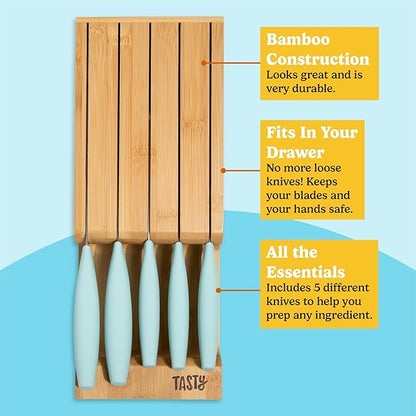 Tasty In-Drawer Kitchen Knife Set, Space-Saving Cutlery and Kitchen Organizer, Includes Chef, Bread, Santoku, Utility and Paring Knives, 6-Piece, Aqua