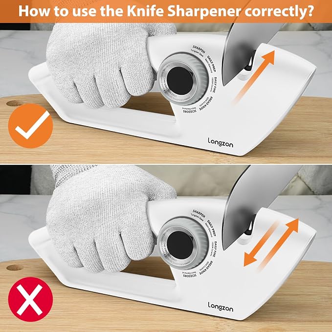 Longzon 6-in-1 Knife Sharpener 5 Stage with Cut-Resistant Glove, Manual Kitchen Tool for Straight & Serrated Knives, Quickly Sharpens Restores & Polishes Dull Blades Safe for Home Kitchen, White+Gray