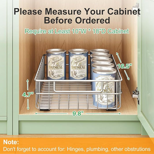Pull out Cabinet Organizer, Stainless Steel 4-Pack (9.8"W x 16.5"D) Full-Extension Slide out Drawer, Adhesive Roll out Can Spice Storage Basket Shelf Rack for Pantry, Kitchen, Bathroom, Home Closet