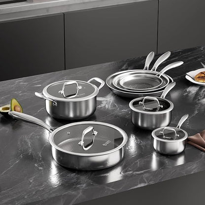 COOKER KING Stainless Steel Cookware Set, 11 Pcs Pots and Pans Set, Hybrid Ceramic Cookware,Non-Stick Frying Pans, Saucepans, Saute Pan & Stock Pot, Non-Toxic, Oven Safe, Induction Compatible