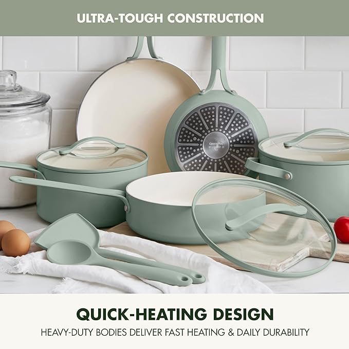 GreenPan Nova 10-Piece Nonstick Cookware Set, PFAS-Free Ceramic Pots & Pans with Silicone Cooking Utensils, Durable Fast Heating, Induction Ready, Oven Safe to 600°F, Dishwasher Safe, Pistachio Green