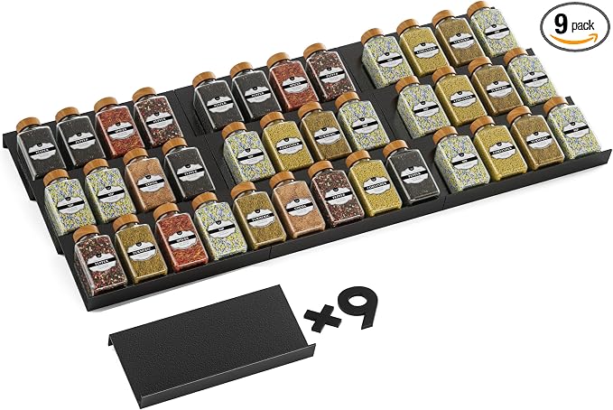 Spice Drawer Organizer, Spice Rack Tray for Kitchen Cabinet, Expandable Seasoning Storage Rack Insert for Drawer/Countertop,9 Pieces Set, Aluminum (Jars Not Included)