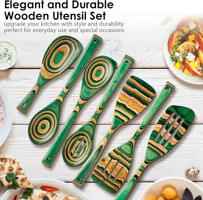HOWHONG Wooden Spoons for Cooking, Pakkawood Kitchen Utensil Set Oasis Color, Premium Durable Wooden Utensils for Nonstick Cookware, Heat Resistant, Smooth Finish, Comfortable Grip, 7 Piece