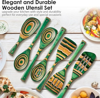HOWHONG Wooden Spoons for Cooking, Pakkawood Kitchen Utensil Set Oasis Color, Premium Durable Wooden Utensils for Nonstick Cookware, Heat Resistant, Smooth Finish, Comfortable Grip, 7 Piece