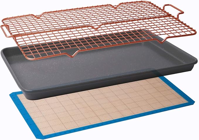 CasaWare 3pc Ultimate Commercial Weight 15 x 10 x 1-inch Cookie Sheet/Cooling Grid/Silicone Mat Bakeware Set (Silver Granite)