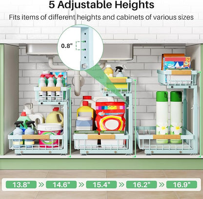 Kitstorack Under Sink Organizer, 2 Tier Under the Sink Storage, Slide out Pull out Cabinet Organizer Shelf, Metal Sliding Drawer for Kitchen Bathroom Pantry Closet Organization Rack, Blue, 1 Pack