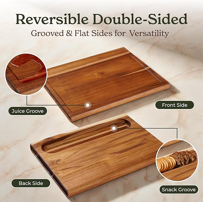 Smirly Reversible 17" Large Teak Cutting Board for Kitchen - 1.2"Th Heavy Duty Real Wood Cutting Board with Deep Juice Groove - Reversible Wooden Cutting Board for Multiple Uses - Only 1 Piece
