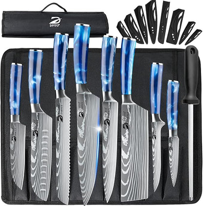 Dfito Chef Knife Sets with Roll Bag, 9 Pieces Professional Knife Set, High Carbon Stainless Steel Kitchen Chef Knife Set, Blue Resin Handle, Dishwasher Safe