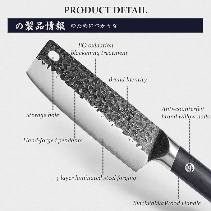 MITSUMOTO SAKARI 7-Inch Japanese Nakiri Knife, SKD-11 Steel | Wide 2mm Nakiri blade for vegetable push cuts, 3-layer SKD-11 steel, textured finish, pakkawood handle