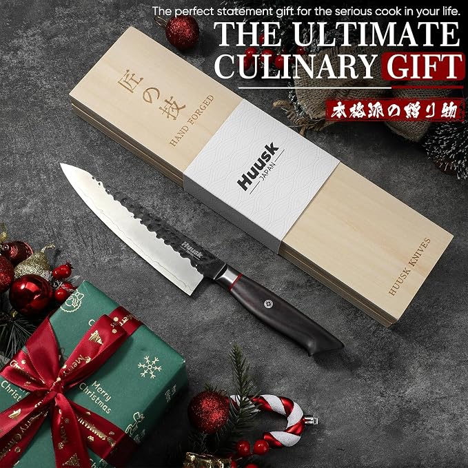 Huusk Professional Japanese Chef Knife - Hand Forged VG10 Kitchen Knives for Meat & Veggie Precise Slicing 8 inch Gyuto with Ergonomic Ebony Handle Premium Wooden Gift Box