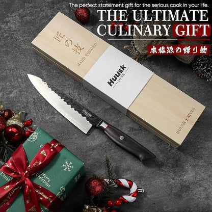 Huusk Professional Japanese Chef Knife - Hand Forged VG10 Kitchen Knives for Meat & Veggie Precise Slicing 8 inch Gyuto with Ergonomic Ebony Handle Premium Wooden Gift Box