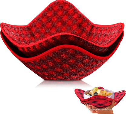Set 2X Black 7" sq. x 4" H Red Microwave Bowl Cloth Hot Pads Pot - Microwave Safe Holder Multipurpose Heat Resistant Plate Holder Polyester Potholder - Protector for Heat Soup, Food, Meals