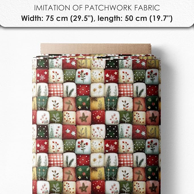 Christmas Patchwork Mushroom House Fabric Panel – Single Continuous Cotton Satin Panel with 6 Printed Squares 9.8” x 9.8” and Bonus Patchwork Area – 100% Cotton for Quilting & Sewing