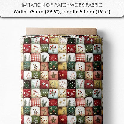 Christmas Patchwork Mushroom House Fabric Panel – Single Continuous Cotton Satin Panel with 6 Printed Squares 9.8” x 9.8” and Bonus Patchwork Area – 100% Cotton for Quilting & Sewing