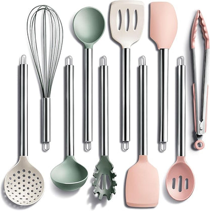 COOK WITH COLOR Silicone Cooking Utensils, Kitchen Utensil Set, Easy to Clean Silicone Kitchen Utensils, Cooking Utensils for Nonstick Cookware, Kitchen Gadgets Set, 10 Pieces, Mint