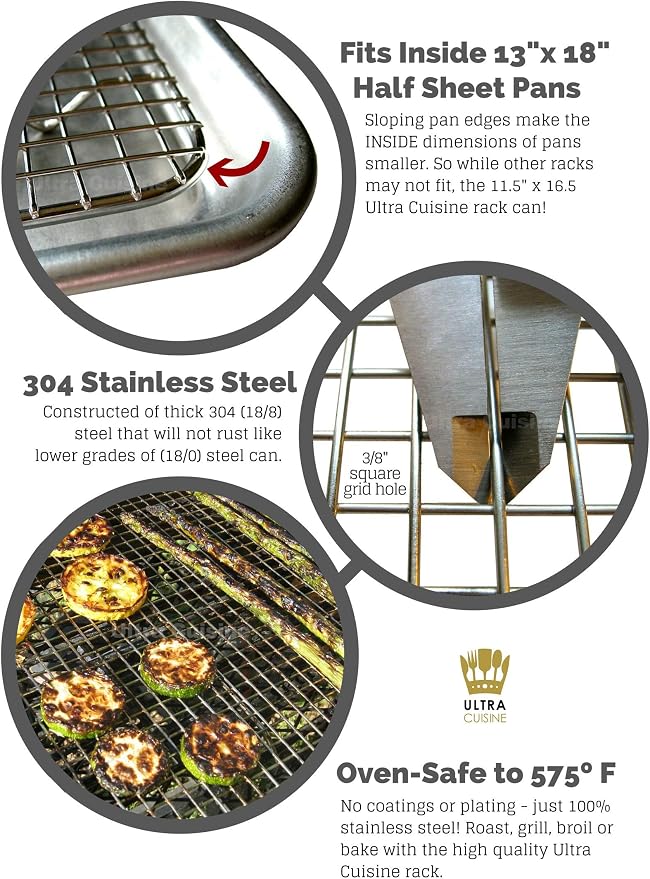Stainless Steel Wire Cooling Rack for Baking – 3 Pack – 1 for Half Sheet Pans, 1 for Jelly Roll Pans, and 1 for Quarter Sheet Pans – Oven-safe, Heavy Duty Commercial Quality
