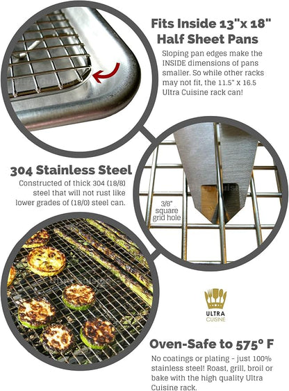 Stainless Steel Wire Cooling Rack for Baking – 3 Pack – 1 for Half Sheet Pans, 1 for Jelly Roll Pans, and 1 for Quarter Sheet Pans – Oven-safe, Heavy Duty Commercial Quality