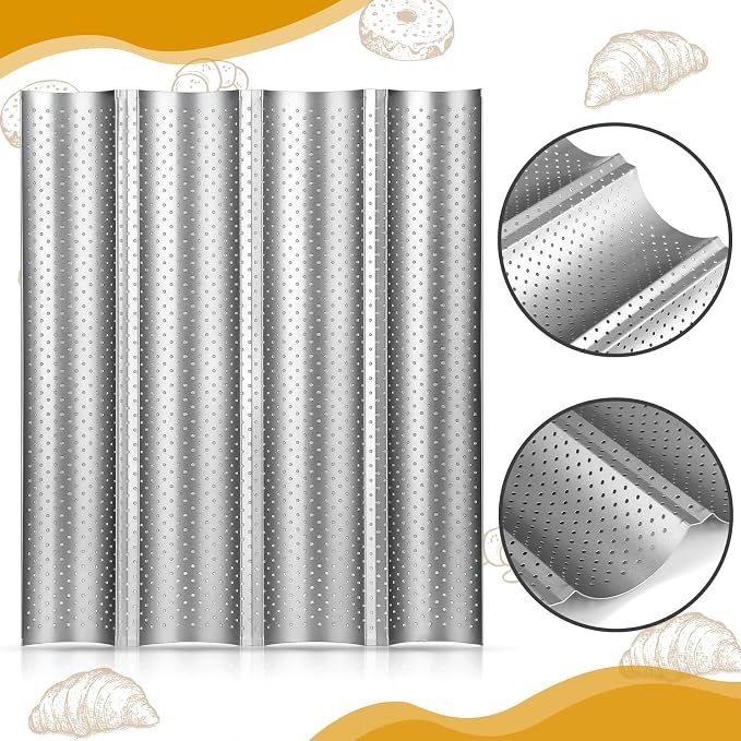Mifoci 6 Pcs Baguette Bread Pan Nonstick Perforated Baguette Pan 15" x 13" Carbon Steel Mold 4 Wave Loaves Loaf Oven Tray for Sourdough French Bread Baking(Silver)
