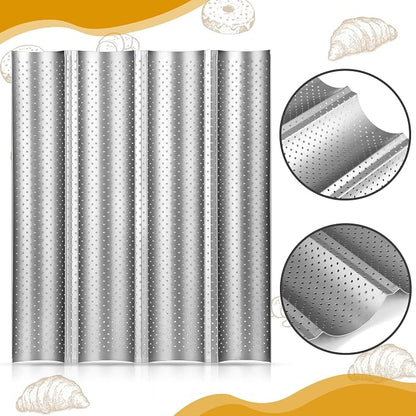 Mifoci 6 Pcs Baguette Bread Pan Nonstick Perforated Baguette Pan 15" x 13" Carbon Steel Mold 4 Wave Loaves Loaf Oven Tray for Sourdough French Bread Baking(Silver)