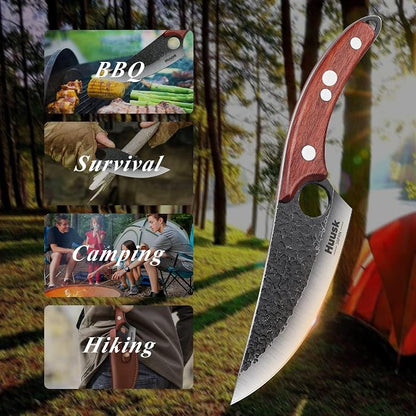 Huusk Viking Knives Hand Forged Boning & Chef Knife - Full Tang Japanese Blade with Sheath - Butcher Meat Cleaver - Camping & Kitchen, Gifts for Men and Women