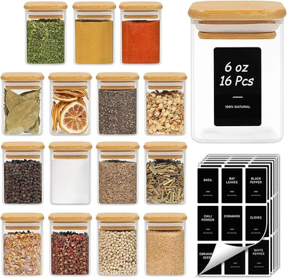 ComSaf 16Pcs Spice Jars with Labels, Glass Jar with Bamboo Lid, 6oz Airtight Square Containers with Black Lables, Empty Seasoning Jars for Spice, Salt, Pepper, Sugar