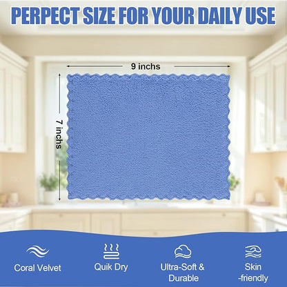 Kitinjoy 24 Pack Kitchen Cloths Dish Towels (7" x 9", Sky Blue), Super Soft and Absorbent Dish Cloths, Nonstick Oil Fast Drying Coral Velvet Microfiber Cleaning