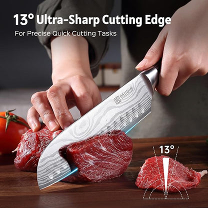 PAUDIN 7" Santoku Japanese Chef Knife – Forged High Carbon German Stainless Steel (58±2 HRC) – Ultra Sharp Razor Edge & Long-Lasting – Ergonomic Pakkawood Handle – Gift for Home Cook & Pro Chef
