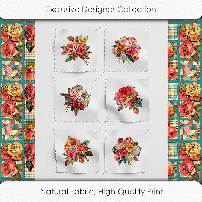 Vintage Rose Patchwork Cotton Fabric Panel – 6 Floral Designs (10×10 inch Each) + Bonus Patchwork Sheet 29.5×19.6 inch, 100% Cotton 140 GSM