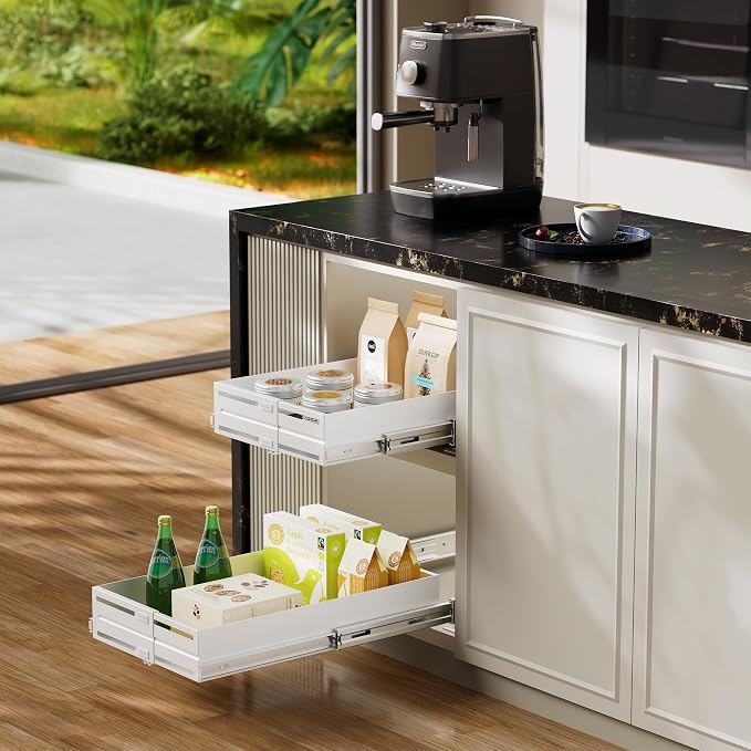 Pull Out Cabinet Organizer, Expandable Width 8"-13", Heavy Duty Metal Slide Out Drawers for Cabinets, Expandable Cabinet Pull Out Shelves for Kitchen, Pantry, Bathroom, White