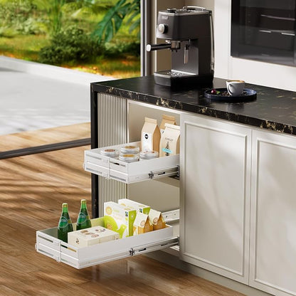 Pull Out Cabinet Organizer, Expandable Width 8"-13", Heavy Duty Metal Slide Out Drawers for Cabinets, Expandable Cabinet Pull Out Shelves for Kitchen, Pantry, Bathroom, White