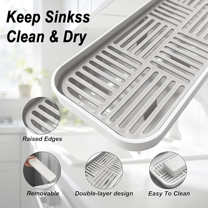 2-in-1 Kitchen Sink Caddy Organizer with Plastic Drain Grate, Double-Layer Drain Sponge Soap Holder & Food Fruit Vegetable Drain Tray for Sink Countertop Home Kitchen Restaurant Hotel, White (2 Pack)