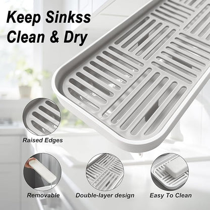 2-in-1 Kitchen Sink Caddy Organizer with Plastic Drain Grate, Double-Layer Drain Sponge Soap Holder & Food Fruit Vegetable Drain Tray for Sink Countertop Home Kitchen Restaurant Hotel, White (2 Pack)