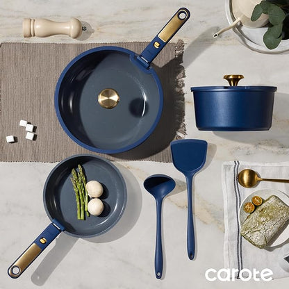 CAROTE Blue&Gold Ceramic Cookware Set Non Toxic, PFAS Free,15Pcs Pots and Pans Set Non Stick Detachable/Removable Handle,Kitchen Cooking Set Dishwasher Safe, Nonstick Pot and Pan, Induction Cookware