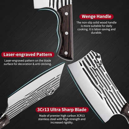 Forged Kitchen Knife - Chef & Butcher Knife for Meat Cutting & Slicing, Serbian Design, Wood Handle, Gift Packaging